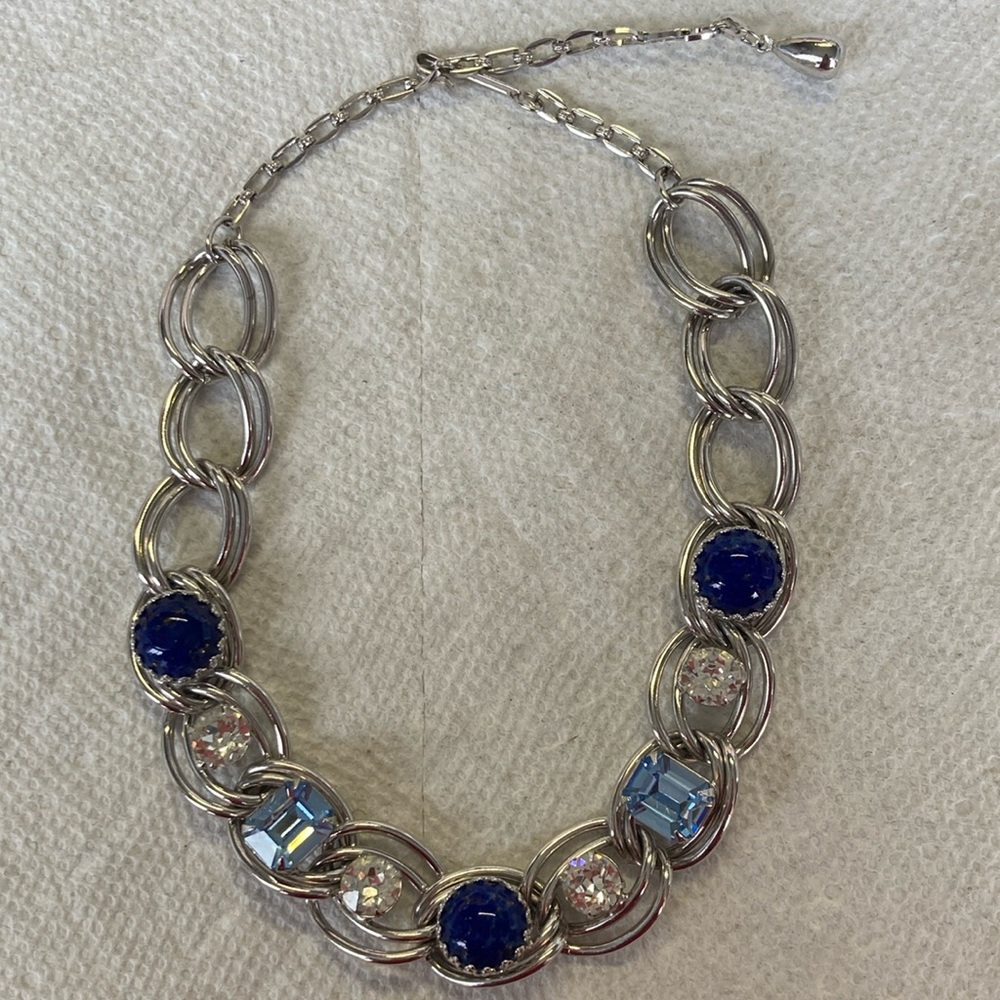 Vintage Silver Tone Monet? Glass Cabochon and Rhinestone Necklace